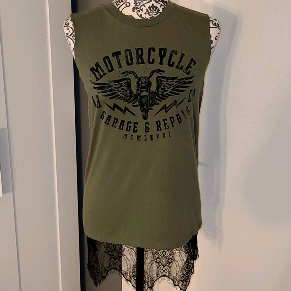 3 for $20 - Fun Olive Cut Off - Motorcycle Black Lace Top!